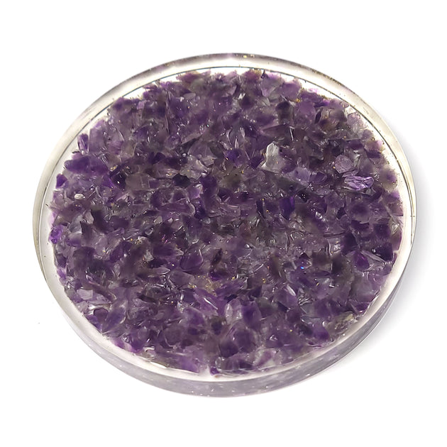 Purple Amethyst Crystal Coaster with white background