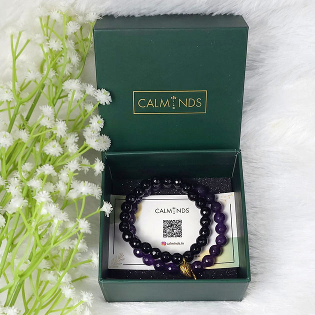 Amethyst and Black Tourmaline  bracelet by Calminds with box on the occasion of mothers day