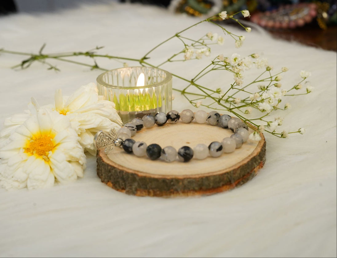 Calminds Black Rutile Quartz Healing Bracelet with silver charm