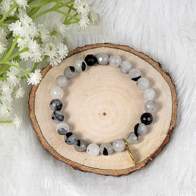 Black Rutile Quartz Healing Bracelet with Golden Leaf Charm | Calminds