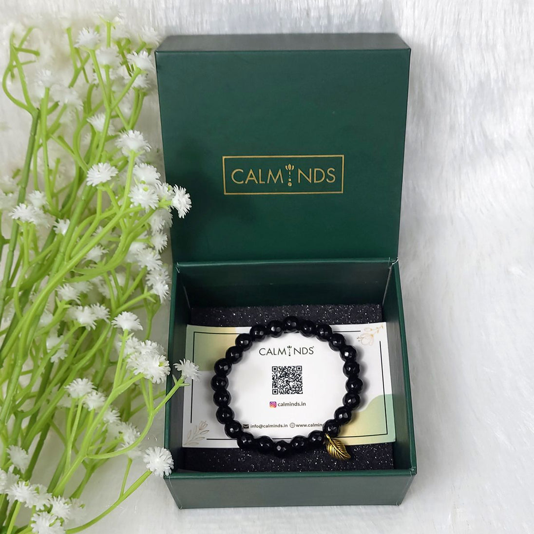 Black Tourmaline Healing Bracelet with charm inside calminds box