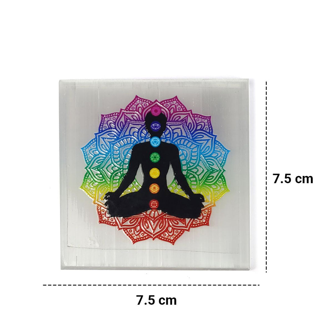 Meditation-themed chakra balancing charging plate with a colorful design and measurements on a white background