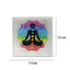 Meditation-themed chakra balancing charging plate with a colorful design and measurements on a white background