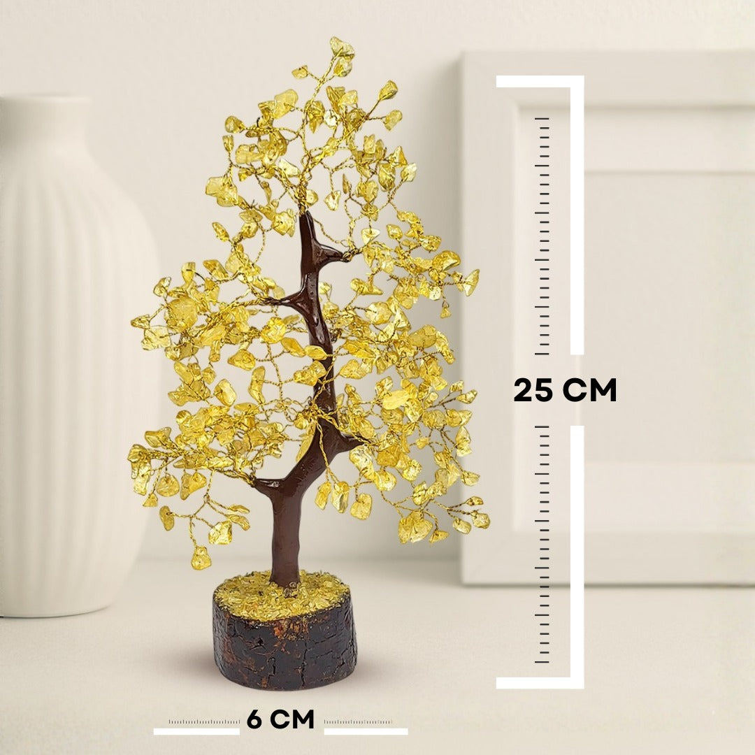 Decorative tree with yellow leaves and a measurement scale on a beige background