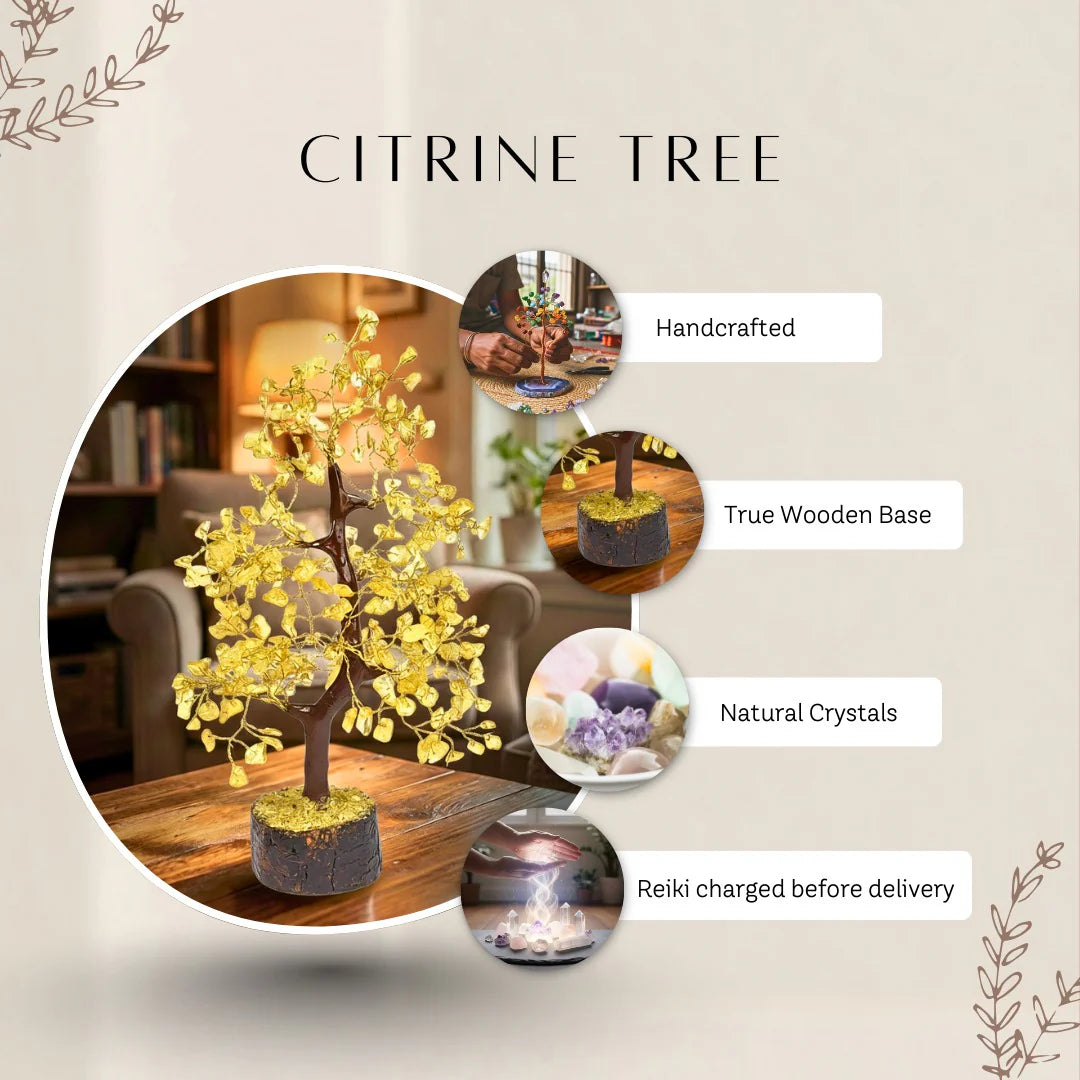 Handcrafted Citrine Crystal Money Tree with natural crystals and wooden base