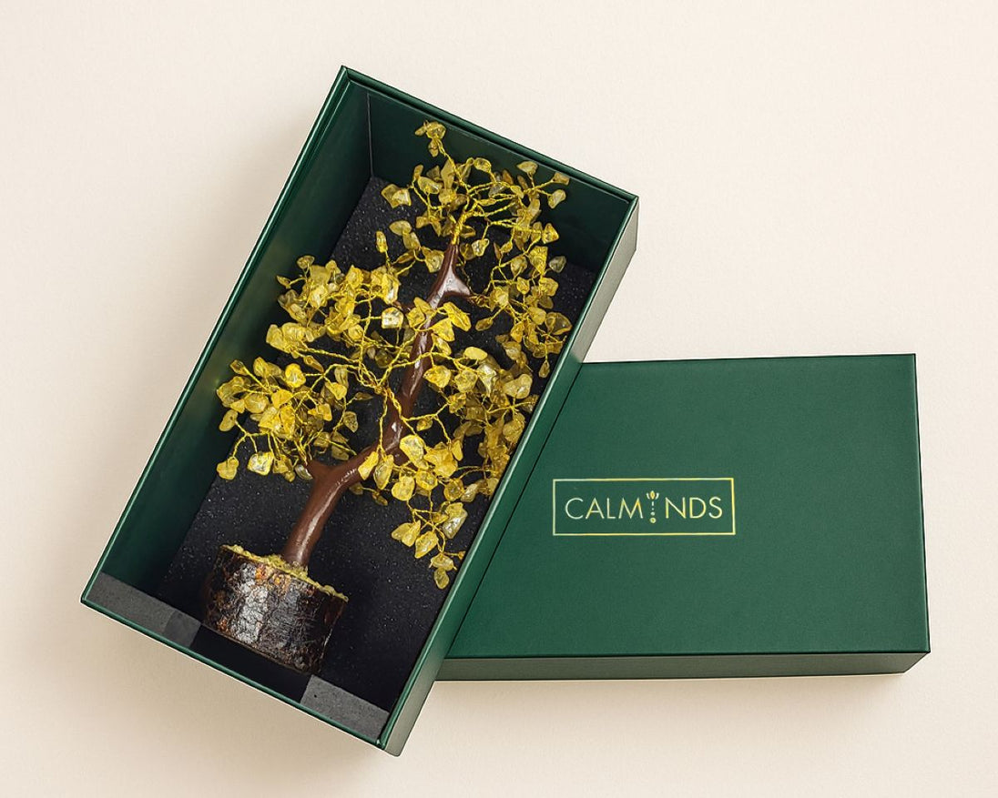 Citrine Crystal Money Tree with wooden base with green box by calminds 