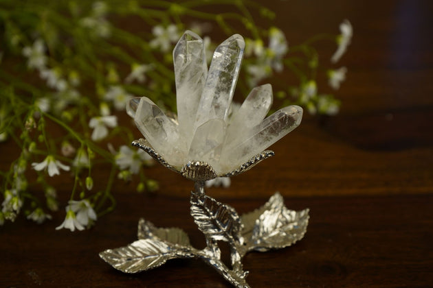 white color Clear Quartz Flower Sculpture