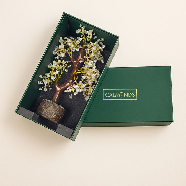 white color clear quartz crystal tree inside calminds box