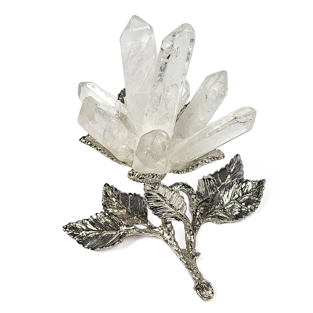 Clear Quartz Flower Sculpture with silver leaves and stem