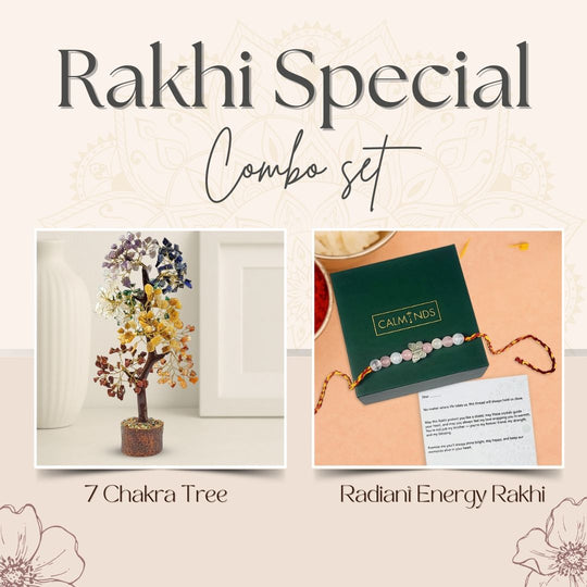 Rakhi Special Combo set with 7 Chakra Tree and Radiani Energy Rakhi on a light background.