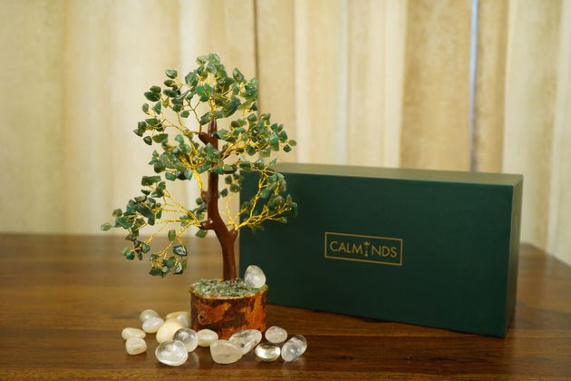 Green Aventurine Crystal Tree surrounded by white pebbles with a  green box behind