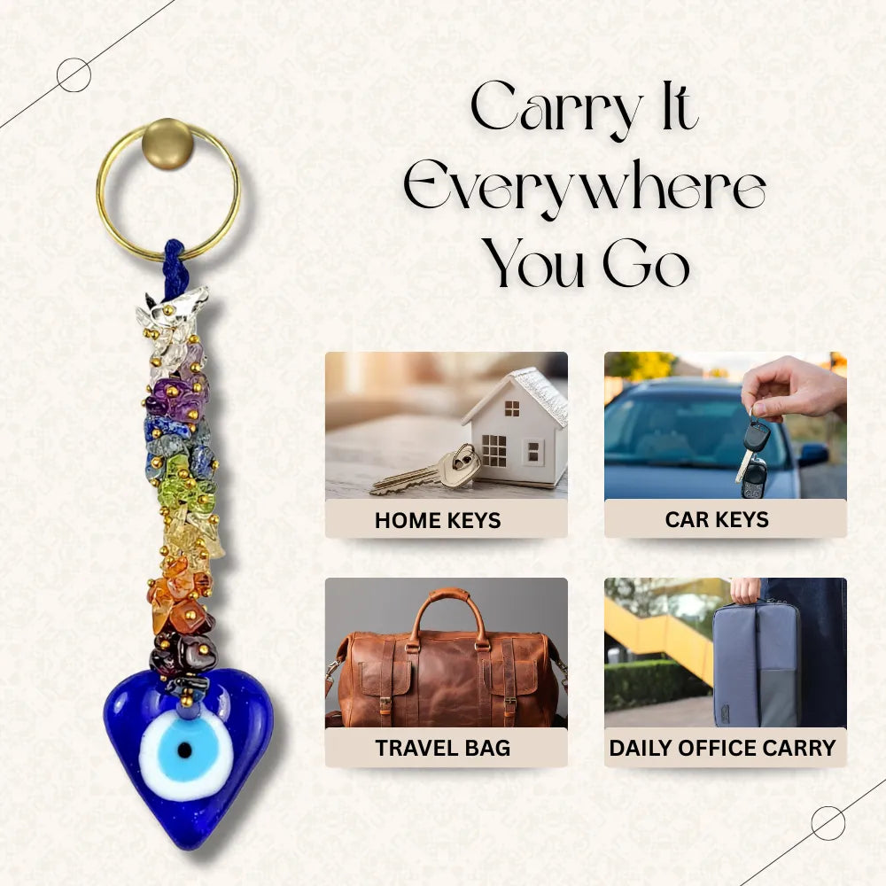 Colorful keychain with an evil eye design on a light background, accompanied by images of its uses.
