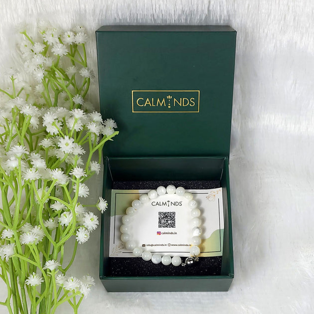White Color Moonstone Crystal Bracelet inside calminds box