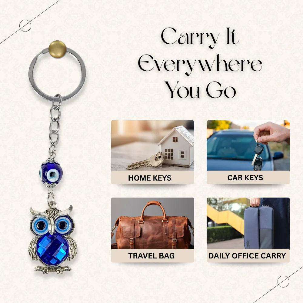 Keychain with blue evil eye design and text 'Carry It Everywhere You Go' on a light background.