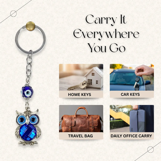 Keychain with blue evil eye design and text 'Carry It Everywhere You Go' on a light background.