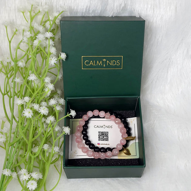 Black Tourmaline & Rose Quartz combo in calminds green color box