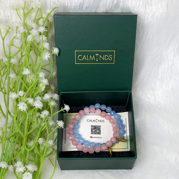Rose Quartz & Aquamarine Bracelet combo with calminds green box