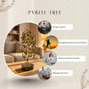Decorative pyrite tree with lifestyle images and text benefits in a home setting.