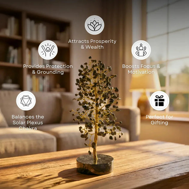 Decorative tree on a table with wellness benefits text in a home setting