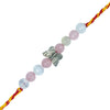 rakhi with beads and a butterfly charm on a white background