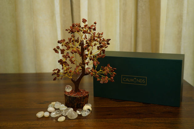 Red Jasper Crystal Tree with a green calminds box behind