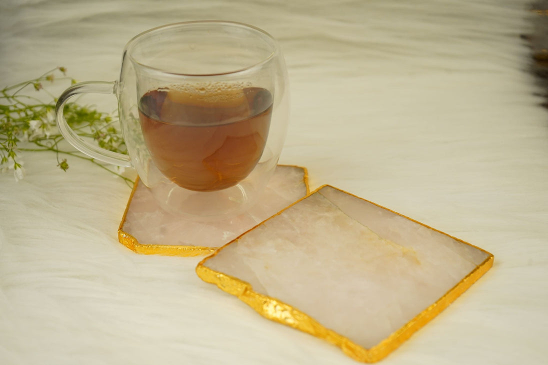 Rose Quartz Crystal Coaster with cup on top