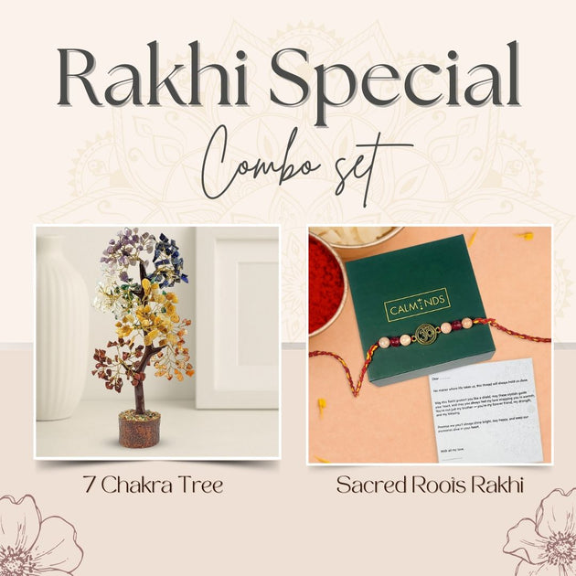 Rakhi Special Combo set with 7 Chakra Tree and Sacred Roots Rakhi on a beige background