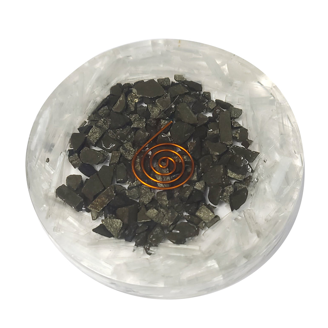 pyrite sri yantra orgonite coaster top view