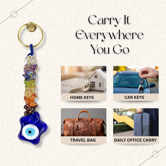 Colorful keychain with evil eye design on a white background, with text 'Carry It Everywhere You Go'.