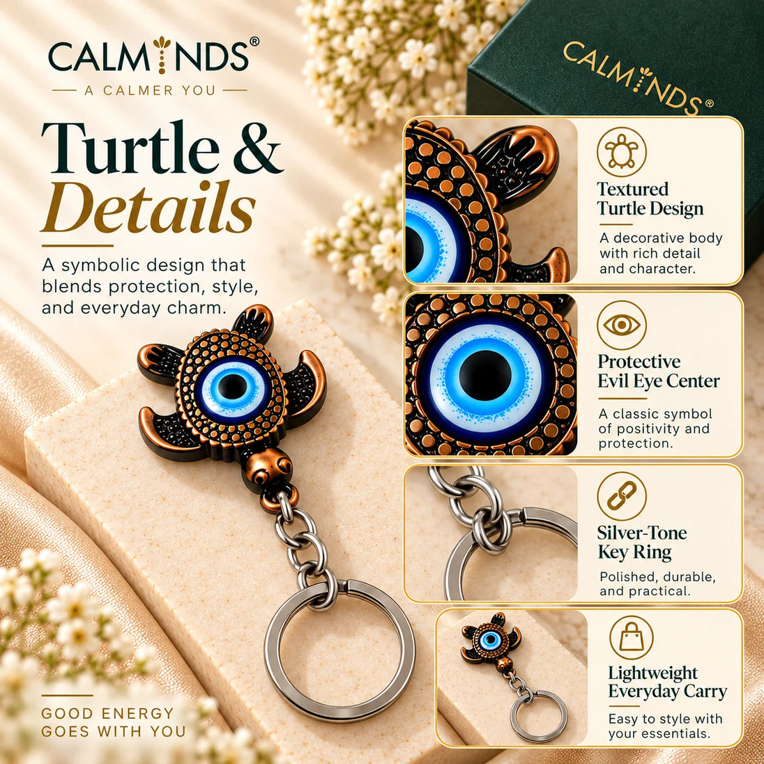 Turtle Evil Eye keychain detail