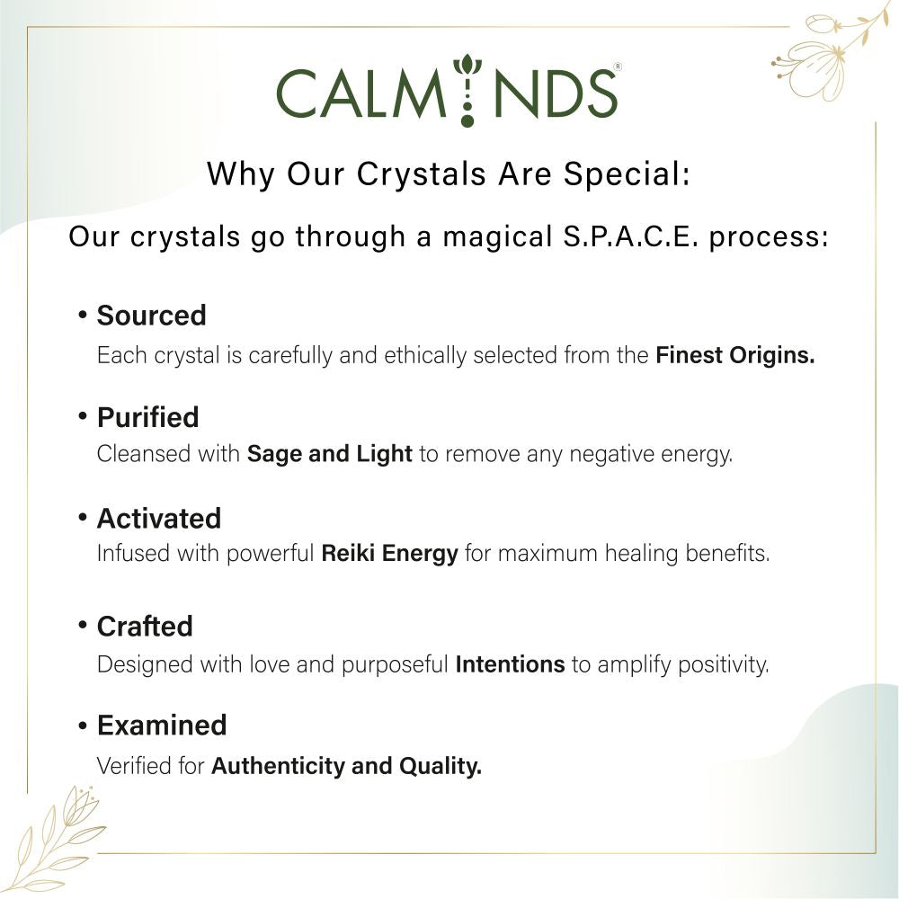 Explanation of Calminds crystal special process on a white background