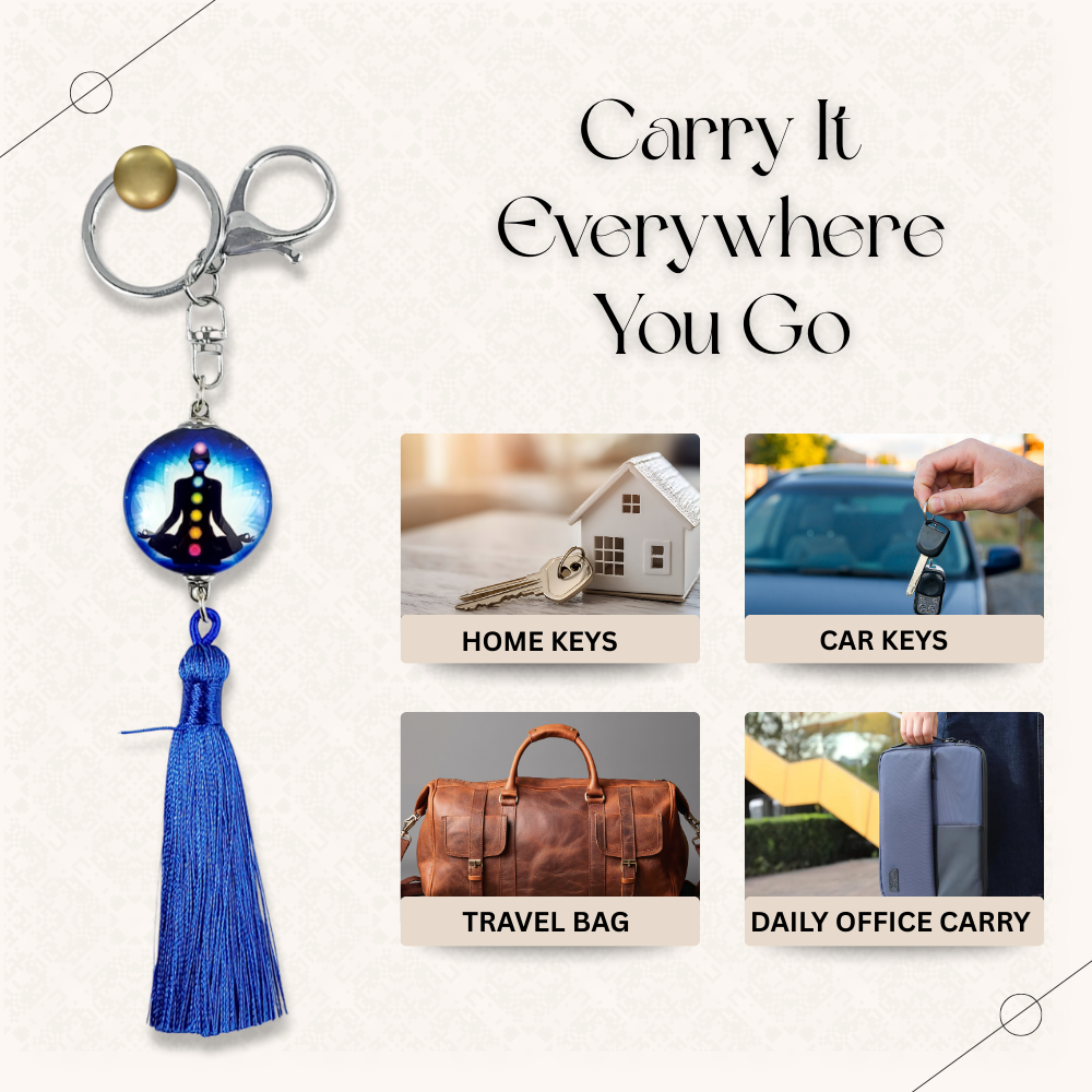 Blue keychain with tassel displayed with usage scenarios on a white background.