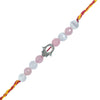 rakhi with pink and white beads and a silver hamsa charm on a white background