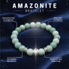 Amazonite bracelet with text on a dark blue background