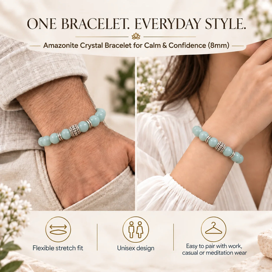 Amazonite Crystal Bracelet for Calm & Confidence (8mm) – natural crystal beads by Calminds