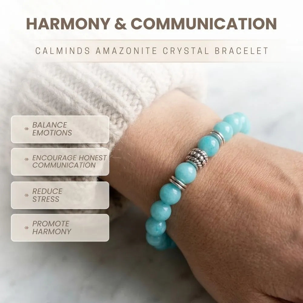 Turquoise beaded bracelet on a wrist with text about its benefits.