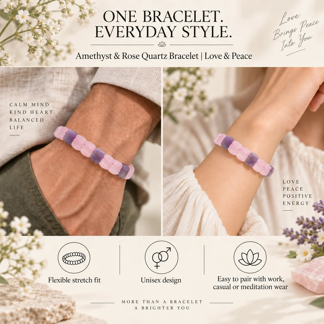 Amethyst & Rose Quartz Bracelet for Love & Peace – natural crystal beads by Calminds