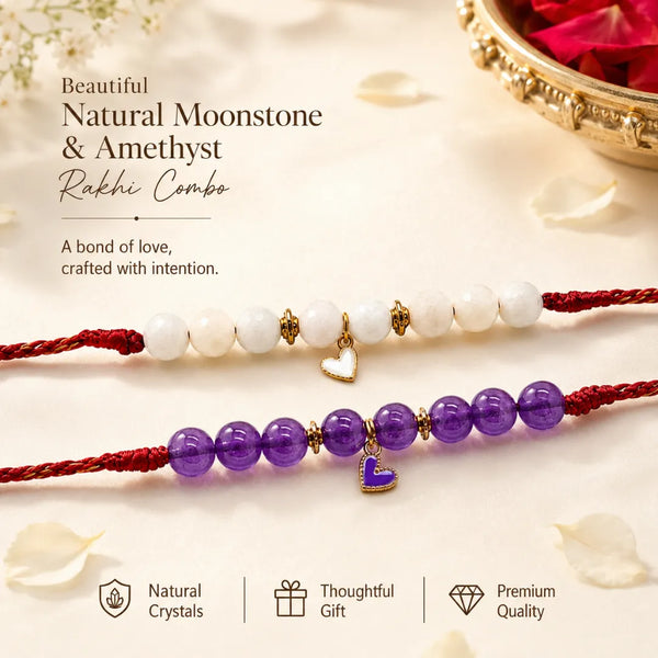 Amethyst & Moonstone Heart Charm — Sisterly Calm Rakhi for Bhabhi & Sister