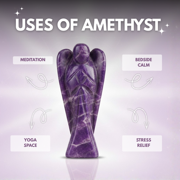 Purple angel sculpture with text on uses of amethyst against a gray background