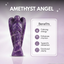 Amethyst angel figurine with benefits listed on a light purple background