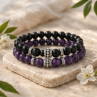 Amethyst & Black Tourmaline Bracelet Pair