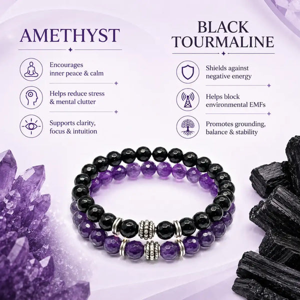 Amethyst & Black Tourmaline Bracelet Pair