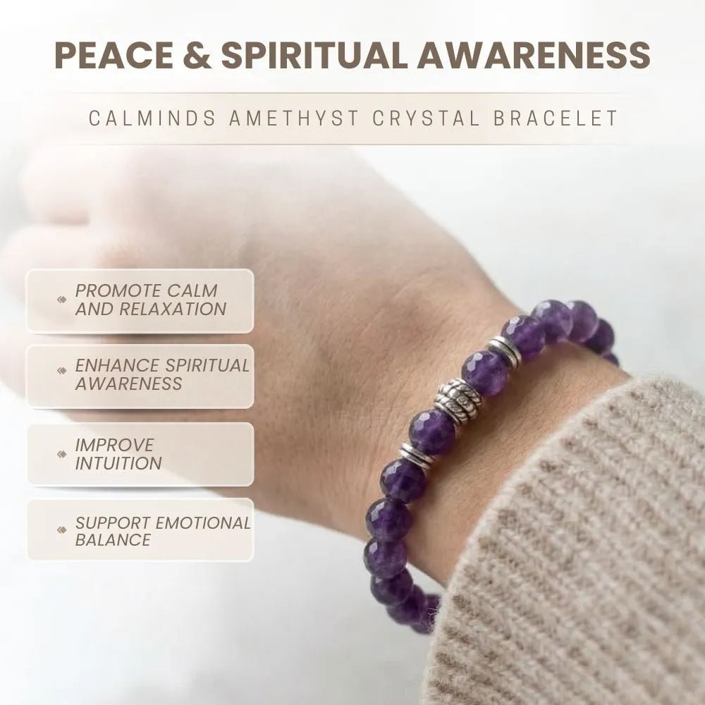 Purple amethyst crystal bracelet on a wrist with text highlighting benefits on a light background