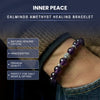 Amethyst healing bracelet on a wrist with promotional text about its features.