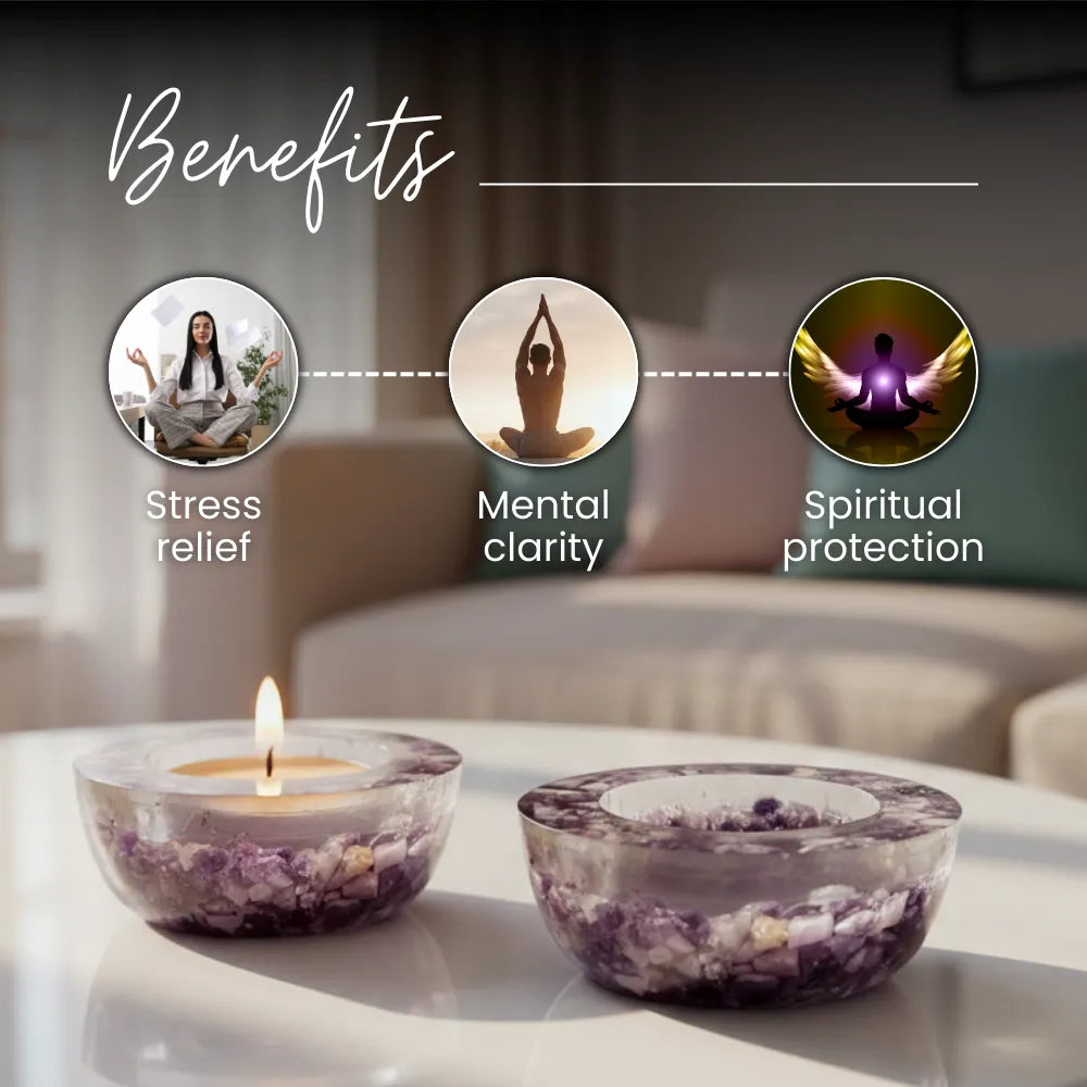 Two crystal bowls with a candle on a table, labeled with benefits of stress relief, mental clarity, and spiritual protection.