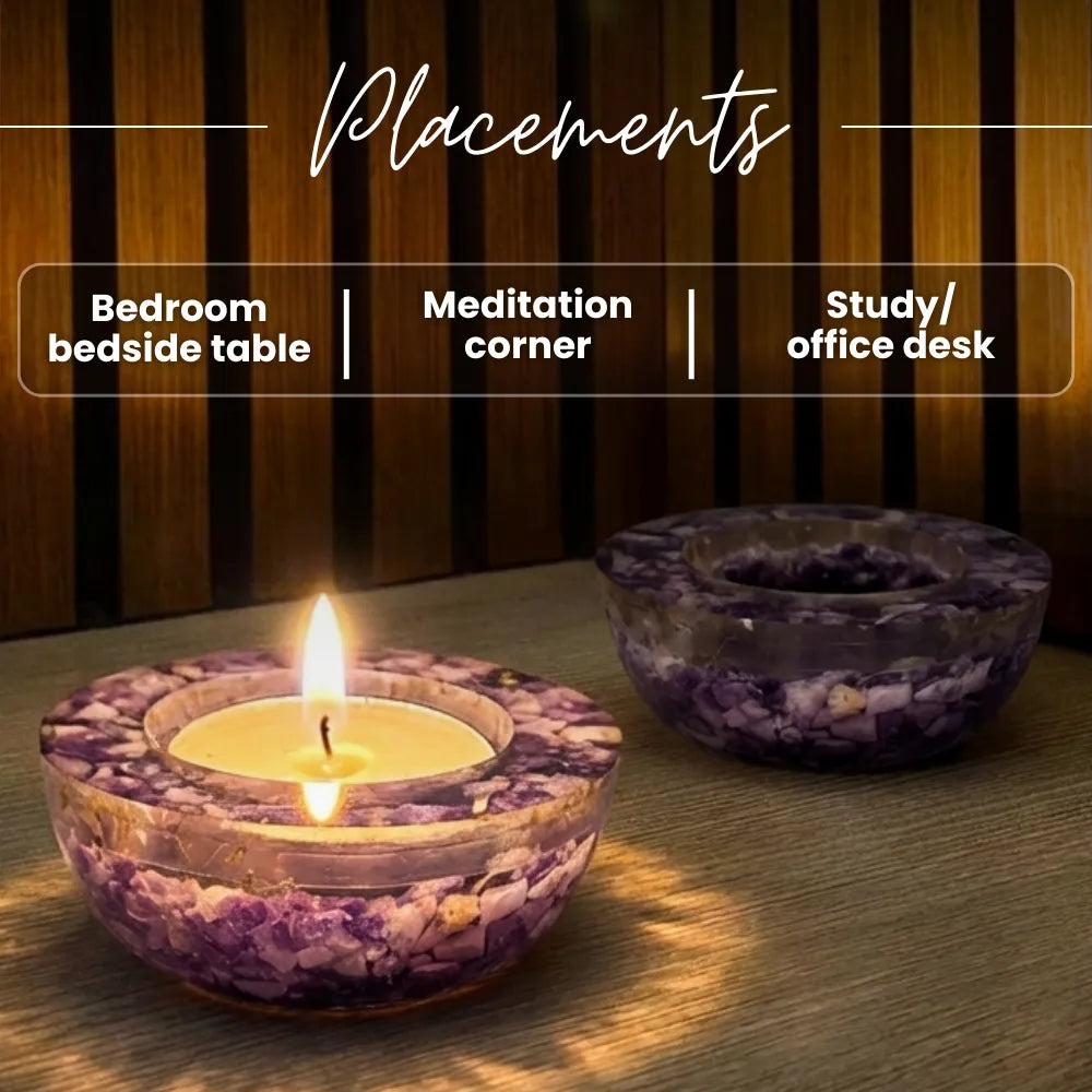 Two purple candle holders with a lit candle on a wooden surface, labeled for bedroom, meditation corner, and study/office desk placements.