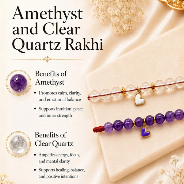 Amethyst & Clear Quartz — Clarity & Calm Heart Rakhi for Sister & Bhabhi