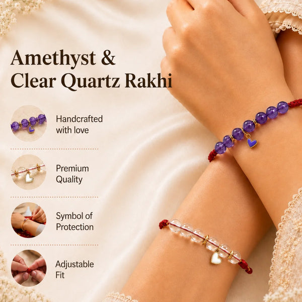 Amethyst & Clear Quartz — Clarity & Calm Heart Rakhi for Sister & Bhabhi