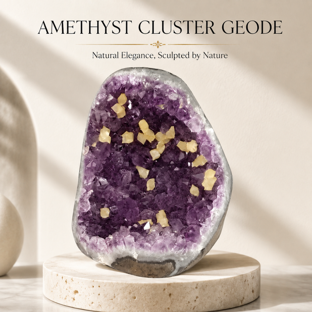 Natural Amethyst Cluster Geode with golden calcite inclusions