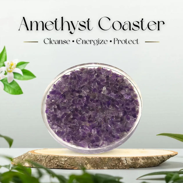 Amethyst coaster with text 'Amethyst Coaster' and 'Cleanse, Energize, Protect' on a light background.